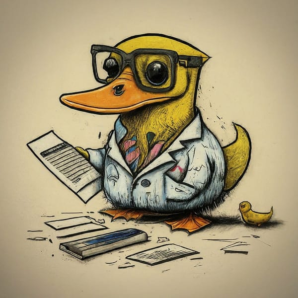 A silly Gemini-generated image of a duck looking at spreadsheets!