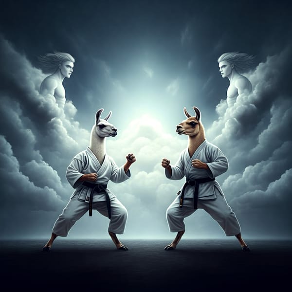 Gemini Prompt: create an image of Llamas dressed in Karate outfits fighting against cloud warriors